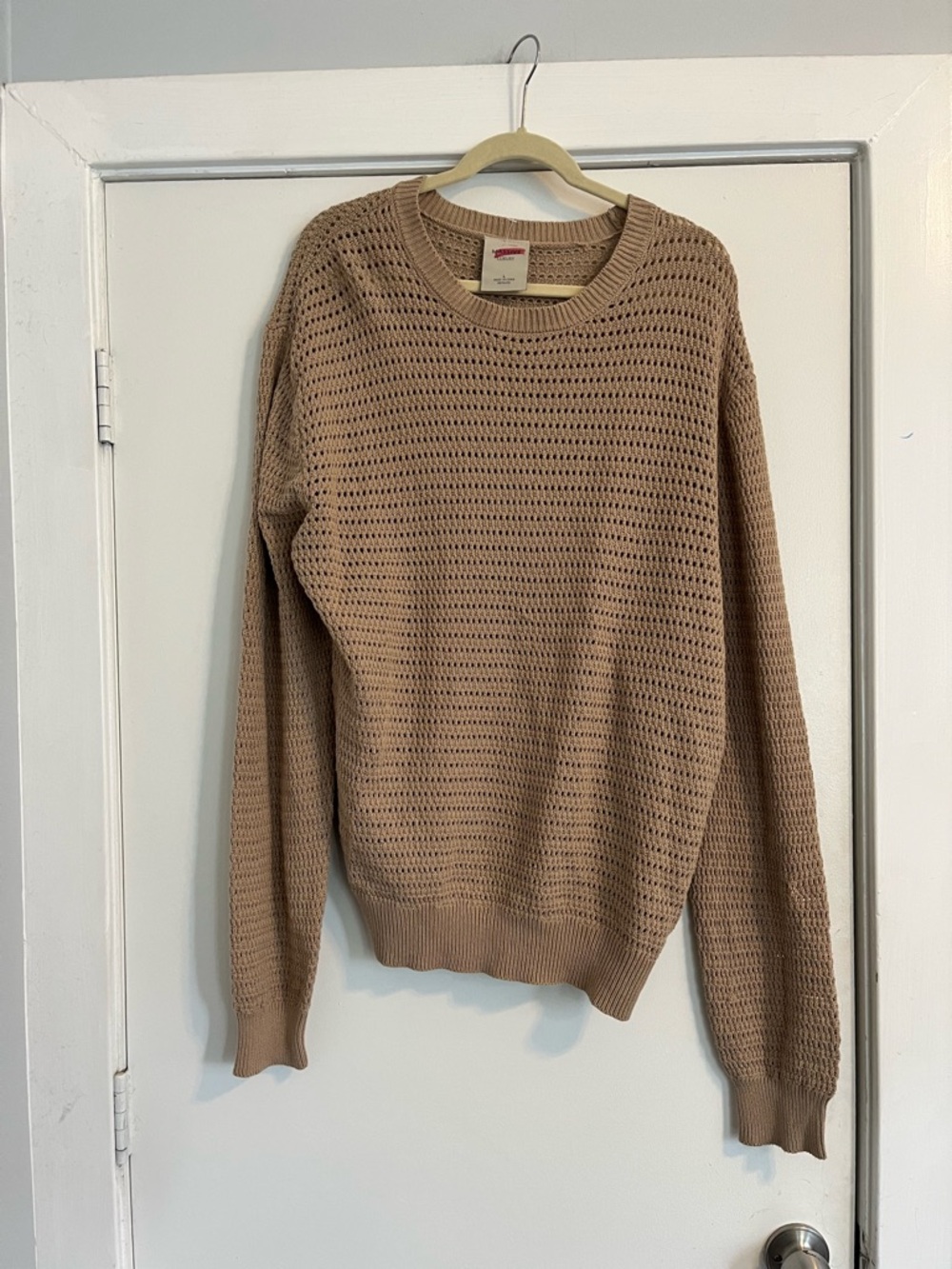 Massive Luxury men’s tan light brown open knit cotton crewneck sweater large NWT